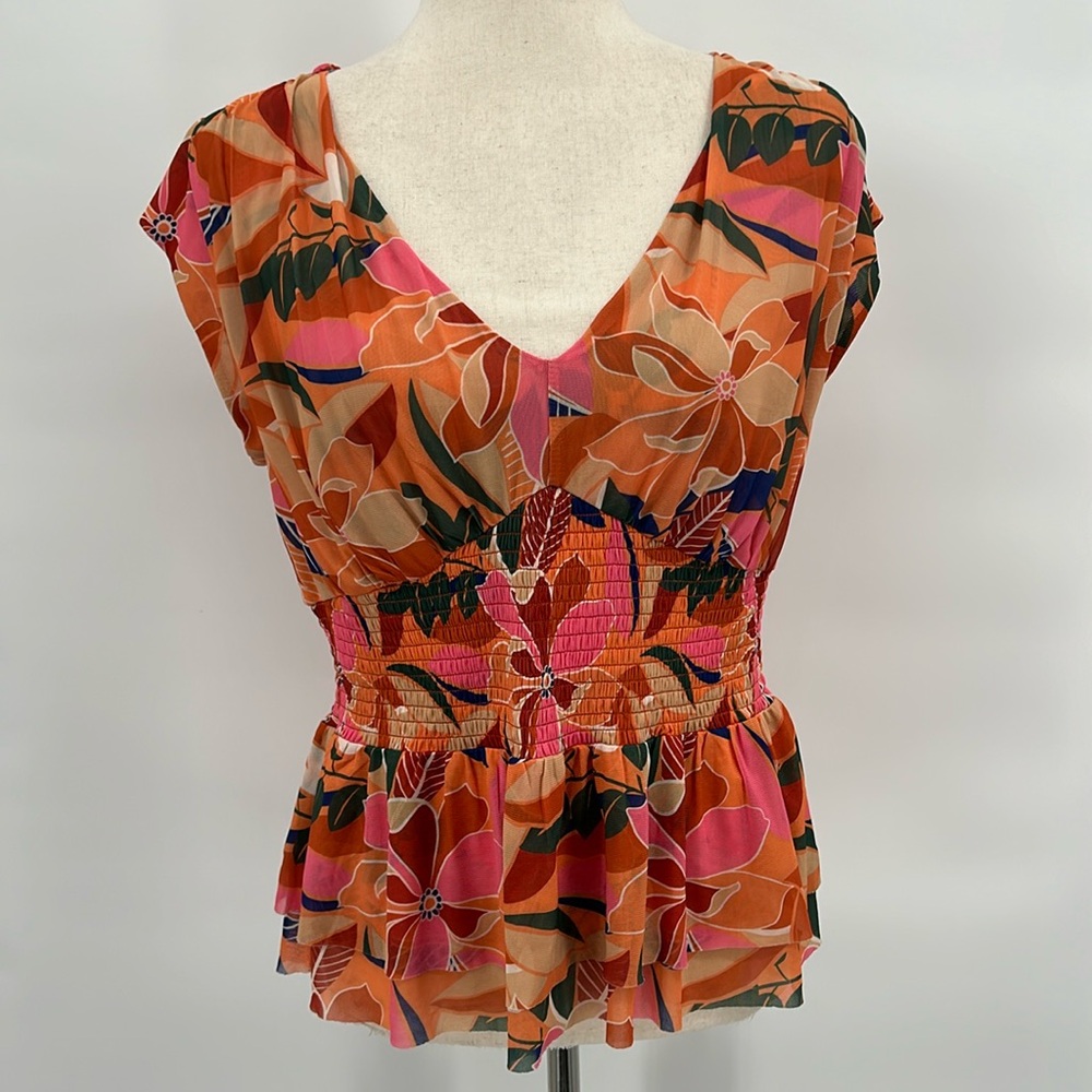 DR2 Womens Y2K Babydoll‎ Smocked Top Size Med Orange Bloomcore Tropical Ruffled
